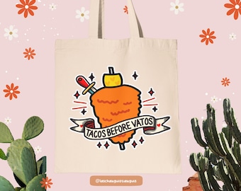 Bolsa de tela "Tacos antes de los Vatos": regalo divertido para los amantes de los tacos, estética de la comida callejera de Al Pastor, bolsa de mercado latina chicana, bolsa de lona