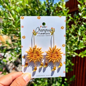 El Sol Earrings – Handmade Golden Sun Face Jewelry with Beaded Drops, Celestial Lotería Inspired, Lightweight Clay Statement Earrings