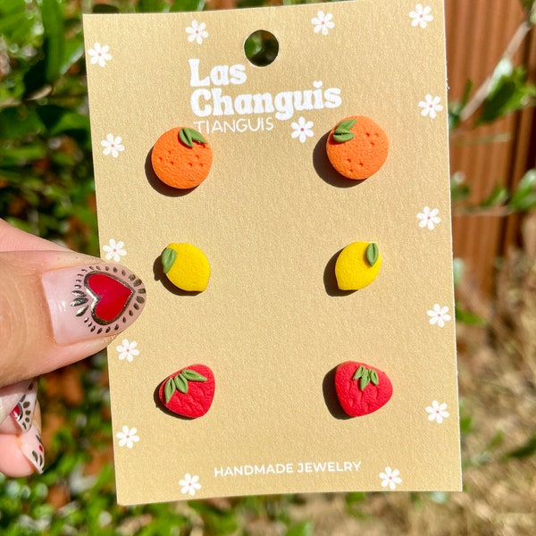 Fruit Micro Stud Pack | Tiny Oranges, Lemons, Strawberries Handmade Earrings