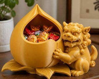 Foo Dog Guardian Sugar Bowl, Giant Golden Peach Candy Holder, 3D Printed Tabletop Kitchen Accessory