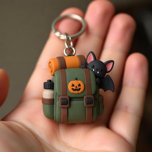 Mini Hiking Backpack Keychain with Tiny Painted Bat Charm, 3D Printed Adventure Trinket for Outdoor Lovers