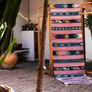 Runner or hallway rug, vintage, made of hand-woven wool on a pedal loom, excellent outdoor and indoor decoration.