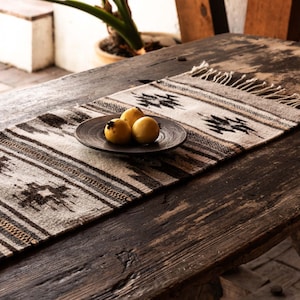 On table, dining room decoration, living room, fruit bowl base, rectangular table runner, natural dye, hand-woven.