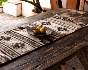 On table, dining room decoration, living room, fruit bowl base, rectangular table runner, natural dye, hand-woven.