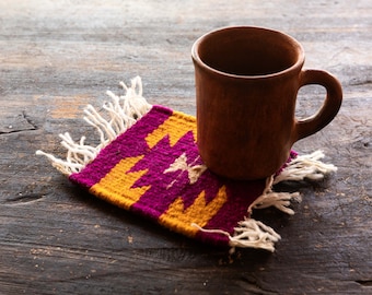 Set of cup holders, salt shaker base, cutlery holder, stand, multicolored Zapotec design, decoration, mini mat.