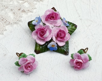 Vintage Fine Bone China Flower Bouquet Brooch and Matching Screw on Earrings Signed Coalbrook Made in England.