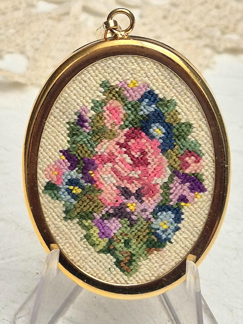 Vintage Petit Point Hand Embroidered Large Oval Pendant in Gold Tone ...