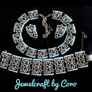 RARE Jewelcraft by Coro 1940s Vintage Parure, Pale Blue and White Enamel Jewelry Set Necklace, Bracelet, Clip on Earrings.