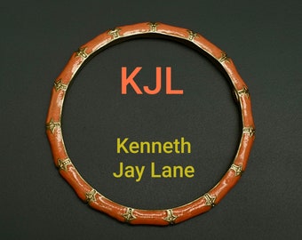 Kenneth Jay Lane 1960s Vintage Bangle Bracelet Bamboo Shaped, Signed KJL Gold tone Metal and Salmon Color Enamel