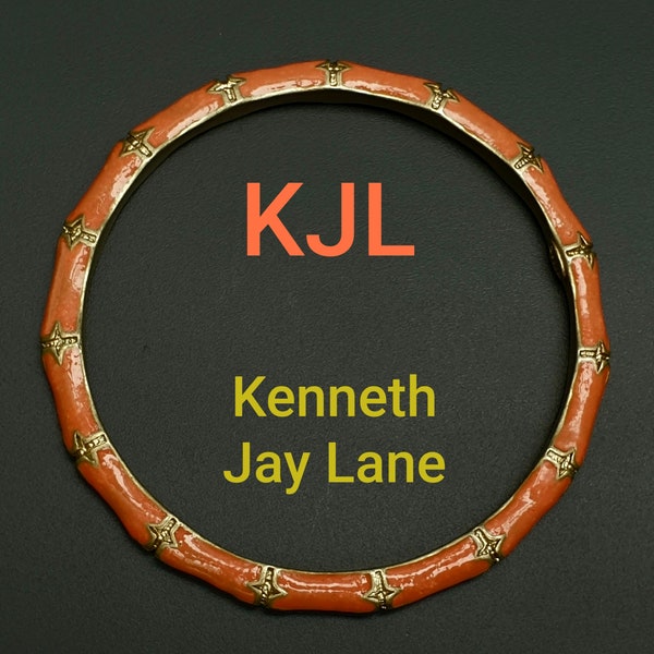 Kenneth Jay Lane 1960s Vintage Bangle Bracelet Bamboo Shaped, Signed KJL Gold tone Metal and Salmon Color Enamel