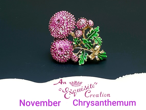 EXQUISITE Birthday Flowers Series 1950s Vintage Small Chrysanthemum Brooch for November Birthday. Hand Painted Enamel. Signed Exquisite RARE