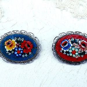 Vintage Micro Mosaic Lot of 2  Brooches Floral Italy Gold tone Filigree