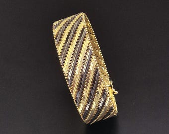 Bracelet tour de cou plat large bicolore vintage plaqué or avec motif en diagonale.