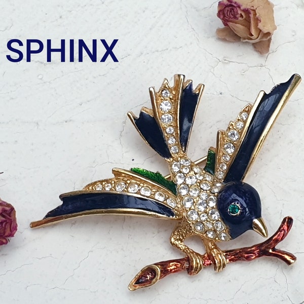 SPHINX Vintage Enamel Bird on Branch Brooch Pin, Blue Green Enamel Sparrow Brooch with Rhinestone signed Sphinx