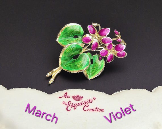 EXQUISITE Birthday Flower Series 1950s Vintage Extra Large Violet Brooch for March Birthday. Hand Painted Enamel. Signed by Exquisite.