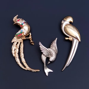 Three Vintage Birds Brooches. Gold and Silver tone, Rhinestones. Signed Vintage Jewelry Lot