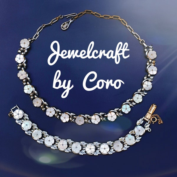 CORO Jewelcraft 1950s Vintage Demi Parure with Mother-of-Pearl Flowers  Necklace and Bracelet Jewelry Set.