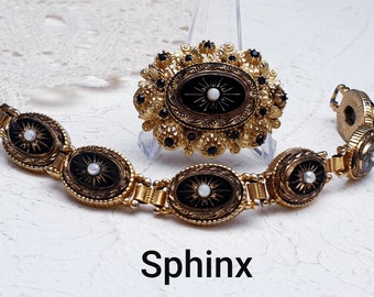 SPHINX Seltene 1950er Jahre Vintage Demi Parure Brosche & Armband Schmuck Set mit Gold Intarsien Schwarz Onyx Glas Einsatz