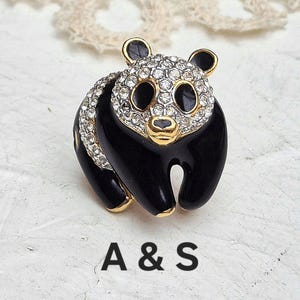 Attwood and Sawyer Rare Vintage Small Panda Brooch. Gold plated with Black Enamel and Clear Rhinestones. Signed A&S.