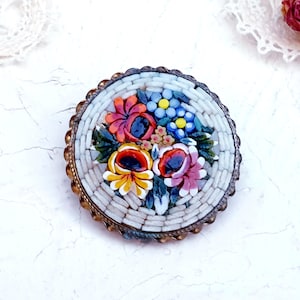 Antique Micro Mosaic Floral Brooch Italy Grand Tour Art Deco Jewelry