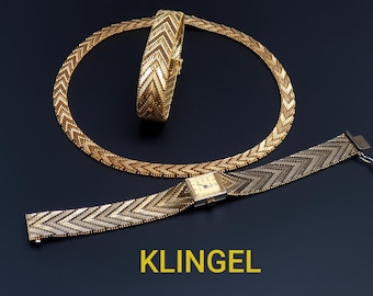KLINGEL 1970s Vintage Gold Plated Jewellery Set. Original Box. Flat Weave Choker Necklace, Bracelet, Ladies Wristwatch Majestic 17 Rubies