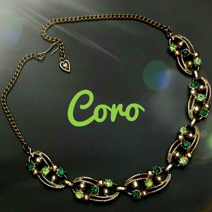 Coro 1960s Vintage Necklace in Gold tone with Green Rhinestones