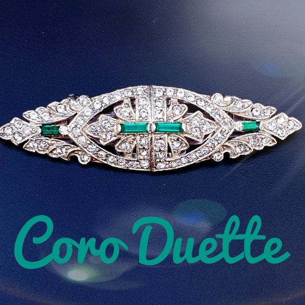 CORO DUETTE Dress Clips Brooch with Emerald Green Baguette and Clear Rhinestones, Rhodium plated. Pat.1852188.