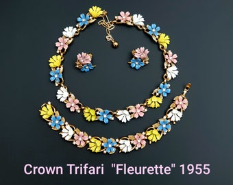 RARE Crown Trifari "Fleurette" 1955 Vintage Pastel Enamel Flower Parure. Necklace,  Bracelet, Clip-on Earrings Set. BOOK PIECE!