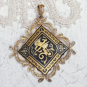 Vintage Damascene Toledo Gold Inlay Large  Pendant with Filigree Edging.