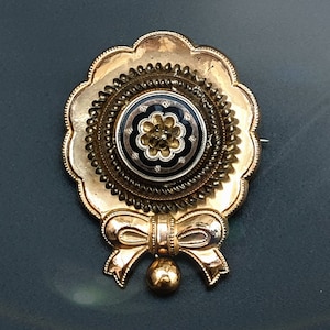Antique Victorian Gold Filled Sentimental Brooch, Black Enamel, Small Pearl. 1840s  Germany Biedermeier