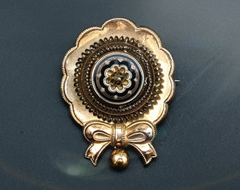 Antique Victorian Gold Filled Sentimental Brooch, Black Enamel, Small Pearl. 1840s  Germany Biedermeier