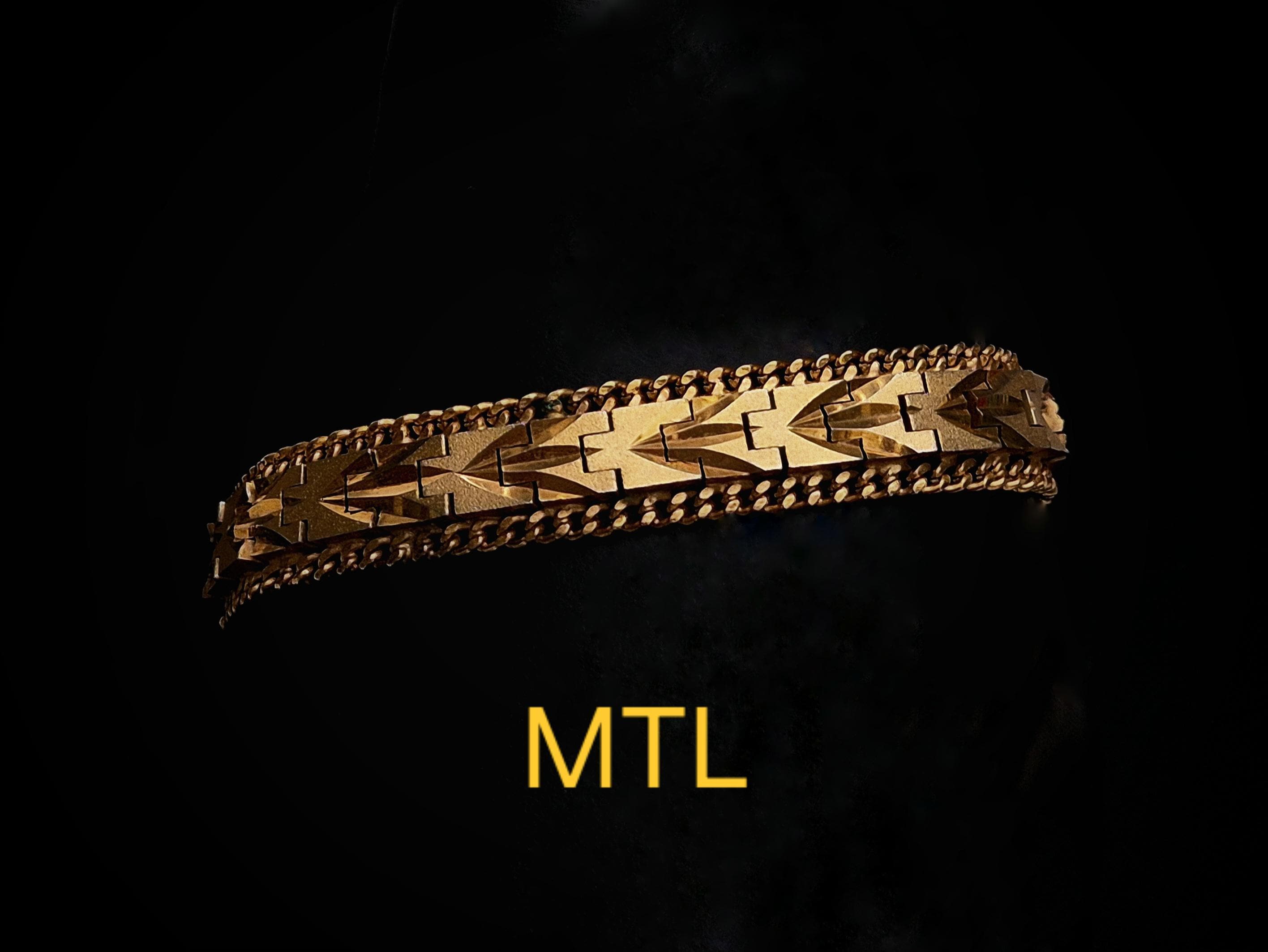 MTL Vintage Gold Plated Flat Cuff Bracelet. Signed MTL, Stamped