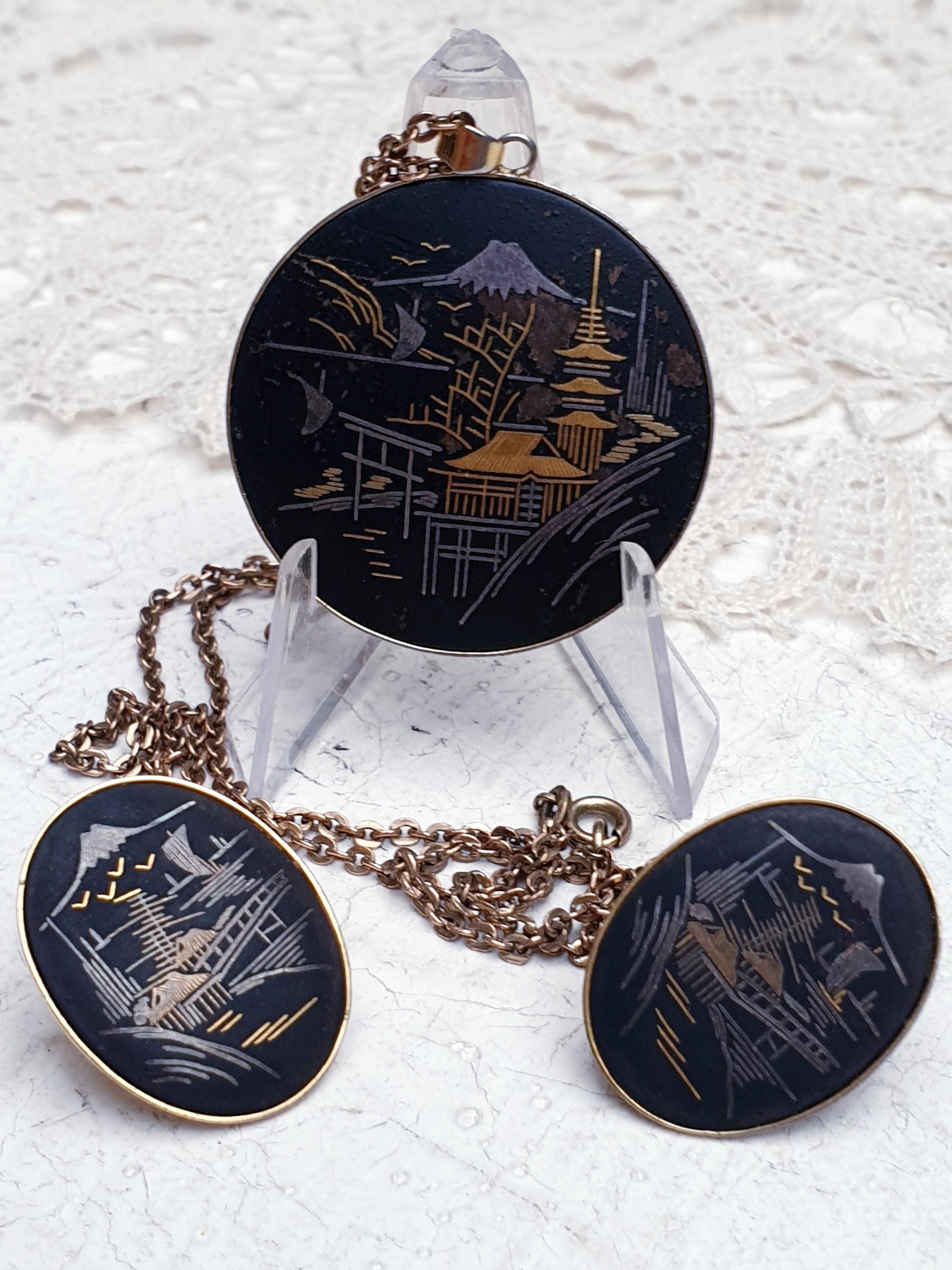 Amita Japanese Damascene Shakudo Vintage Parure, 24K Gold and