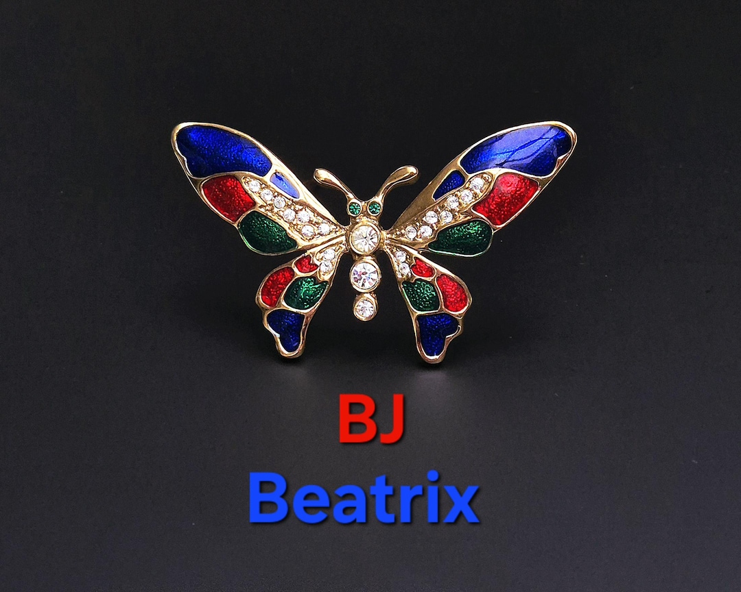 BJ BEATRIX Vintage Butterfly Brooch in Gold Tone With Red, Green, Blue ...