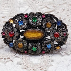 Antique Art Deco Czech Filigree Oval Floral Ornate Brooch with Multicolor Crystal Stones.  