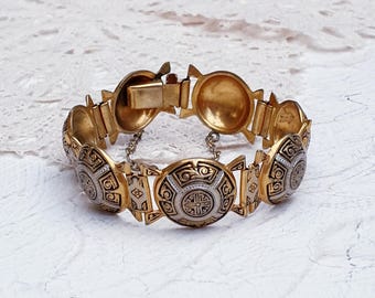 Bracelet Damascène Vintage En Or De Tolède – Années 60, Double Rang, 17-18 Cm