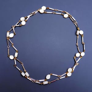 Elegant Vintage Silver tone Sticks and Mother-of-pearl Beads Long Single Strand Necklace.