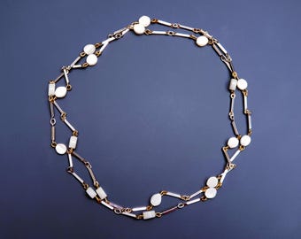 Collier Vintage Années 90 Perles Et Grenats Reconstitués - Longueur 44 Cm - Alliage Doré/rosé - Occasion