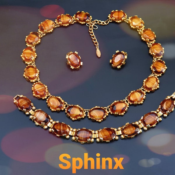 SPHINX  1960s Vintage Parure with Agate Glass, Gold Plated. Riviere Necklace, Bracelet, Clip on Earrings Set.