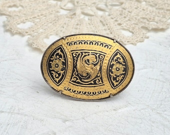 Vintage Damascene Toledo Large Oval Brooch, Gold Inlay.