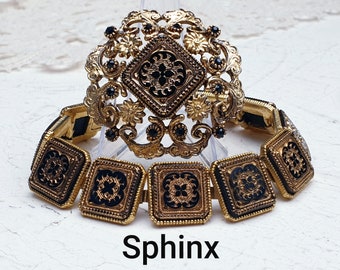 SPHINX Seltene 1950er Jahre Vintage Demi Parure Brosche & Armband Schmuck Set mit Gold Intarsien Schwarz Onyx Glas Einsatz