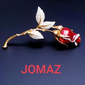 JOMAZ RARE Vintage Brooch Rose Bud on a Long Stem. Gold plated, Guilloche Red Enamel, Clear Rhinestones Paste.  Joseph Mazer. Signed Jomaz.