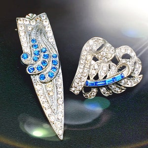 Art Deco Dress Clips.  Adorable Small Lot of two Dress Clips with Sky Blue and Clear Rhinestones.  Antique 1930s.