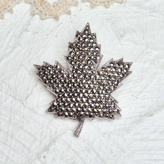 Keyes Signed Vintage Marcasite Silver Plated Mapl… - image 5