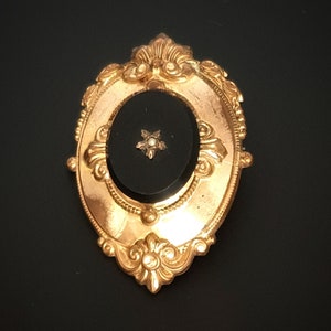 Antique Victorian Rolled Gold Sentimental Brooch with Black Onyx and Seed Pearl. 1830 - 1840s  Germany Biedermeier