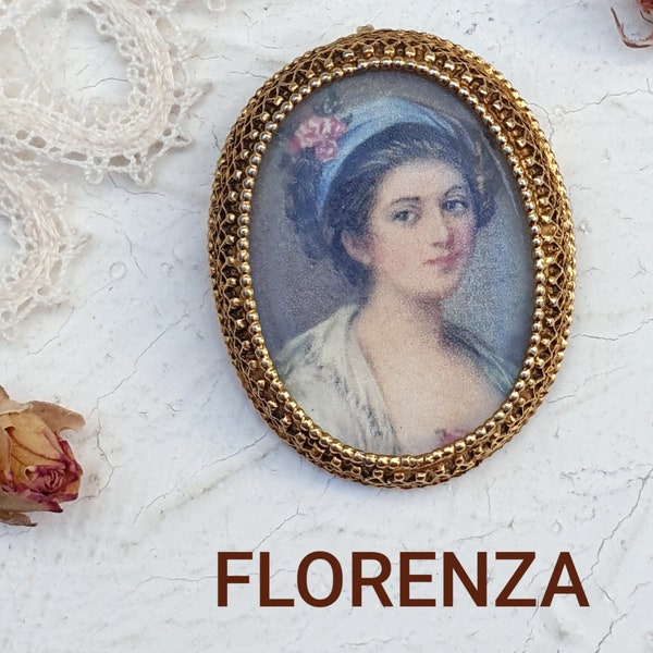 vintage années 1960 FLORENZA Signé Déclaration Broche Pendentif Style Victorien Portrait d'une Dame.