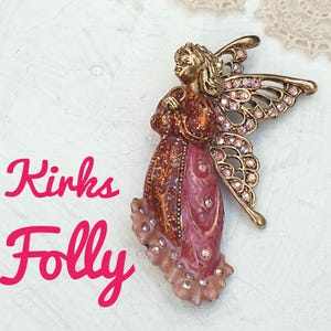 KIRKS FOLLY Vintage Guardian Angel Brooch. Gold tone,  Enamel,  Rhinestones. Signed by Kirks Folly.