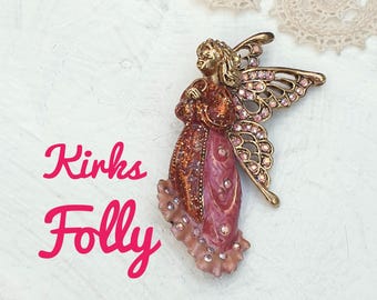 KIRKS FOLLY Vintage Guardian Angel Brooch. Gold tone,  Enamel,  Rhinestones. Signed by Kirks Folly.