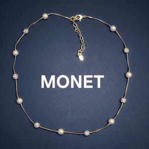 MONET Vintage Gold Plated Chain Necklace with Faux Pearls and Rhinestones Beads.