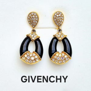 GIVENCHY Paris New York Vintage Gold Plated Clip-on Earrings with Black Inserts and Clear Rhinestones Pave.